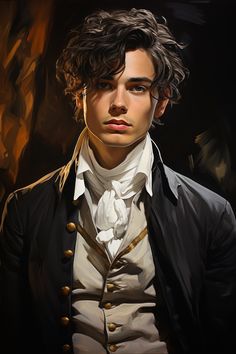 a painting of a man with curly hair wearing a black jacket and white collared shirt