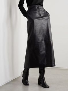 High Wait Leather Skirt, Luxury Winter Skirt, Black Leather Skirt For Work, Fall Winter 2022 2023 Trends Skirts, Winter Skirt 2023, Faux Leather Midi Skirt, Pu Leather Skirt, Leather Midi Skirt, Leisure Fashion