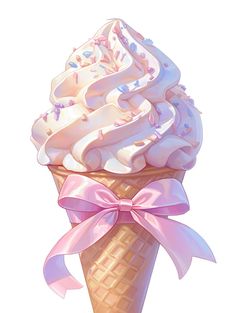 an ice cream cone with a pink bow on top