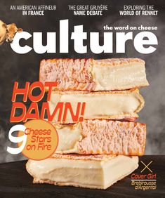 the front cover of culture magazine with three slices of cake stacked on top of each other