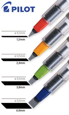 four different colors of pens with the same size in each pen, all lined up