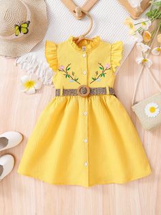 Yellow Cute Collar Sleeveless Polyester Floral,Plants A Line,Shirt Embellished Non-Stretch  Young Girls Clothing Forest Style, Holiday Dress, Girls Toddler, Flower Embroidery, Embroidery Flowers, Holiday Dresses, Dress P, Toddler Girl