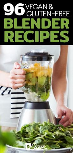 a woman using a blender filled with vegetables