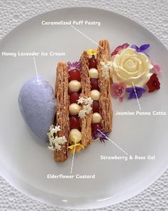 a white plate topped with two sandwiches next to an ice cream ball and flower decoration