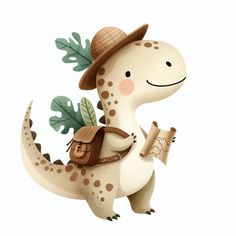 a cartoon dinosaur with a backpack and leaves on it's back, wearing a hat