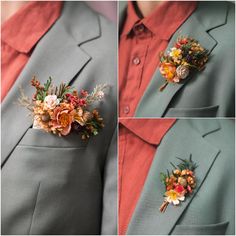 four different pictures of a man wearing a suit and flower boutonniere on his lapel