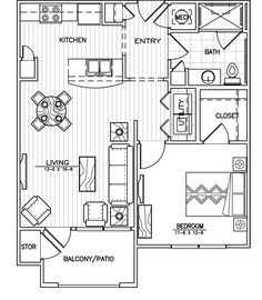 the floor plan for a one bedroom apartment with an attached kitchen and living room area