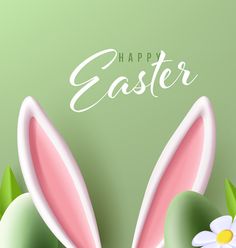 an easter card with two bunny ears and daisies in the grass, on a green background