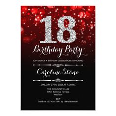 an elegant 18th birthday party with red and black sparkles on the card, it is printed