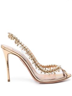 soft gold crystal embellishment peep toe branded footbed slingback strap 115mm stiletto heel Champagne Shoes, Aquazzura Shoes, Luxury Lifestyle Dreams, Fancy Shoes, Embellished Sandals, Slingback Sandals, Gold Heels, Gold Crystal, Crystal Embellishment