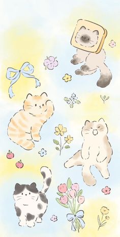 an image of some animals in the air with flowers and butterflies around them on a blue sky background