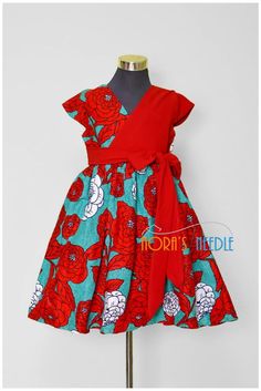 a red and blue dress with flowers on it