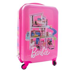 a pink suitcase with barbie's doll house on the front and two people inside