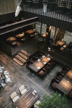 an overhead view of a restaurant with wooden tables and chairs in the middle of it