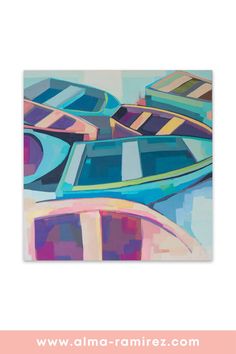 an abstract painting of boats on the water