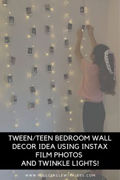 Turn your tween/teen bedroom into a magical room by using twinkle lights & Instax photos for a display wall! Tween/teen bedroom must have! Instax Wall, Teen Bedroom Wall Decor, Fairy Lights Photos, Girls Room Diy, Bedroom 2024, Wall String Lights, Magical Room, Gallery Wall Bedroom, Polaroid Wall