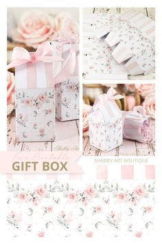 the gift box is decorated with pink flowers and ribbons, along with its matching ribbon