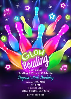 glow bowling birthday party flyer with colorful bowling pins and music notes on the dark background