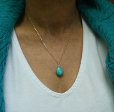 Gold and turquoise necklace, Turquoise teardrop necklace, Gemstone necklace, December birthstone necklace A lovely teardrop turquoise howlite pendant hangs elegantly from gold fill chain. Turquoise stones have their own unique markings and may differ slightly than the picture. The necklace closes with a gold fill clasp and is available in various lengths. Please make your selection from the drop down box. Image listing shows length at 18 inches The necklace comes boxed ready for gifting.  Please Turquoise Teardrop Necklace For Gift, Turquoise Teardrop Drop Necklace Gift, Gold Turquoise Teardrop Necklace For Gift, Gold Turquoise Gemstone Necklace As Gift, Gold Teardrop Turquoise Necklace Gift, Elegant Heart-shaped Turquoise Necklace, Turquoise Gold-plated Necklace With Adjustable Chain, December Birthstone Necklace, Turquoise Howlite