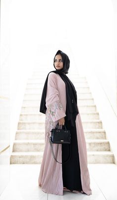 light pink textured long sleeved maxi floral embroidered abaya with waist tie and pockets Embroidered Abaya, Modest Activewear, Abaya Black, Modest Apparel, Modest Swimwear, Black Love Art, Abaya Fashion, Green Satin, Muslim Women