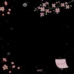 a black background with pink and white flowers in the center, stars and hearts on it