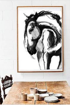 A black and white abstract canvas painting of a horse displayed above a wooden dining table with ornate wooden chairs. Rocky Mountain Horse, Mountain Horse, Accent Wall Designs, Horse Art Print, Freedom Is, Horse Painting, Horse Art, Paper Print, Rocky Mountain