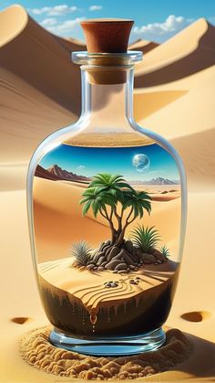 a glass bottle with a desert scene in it