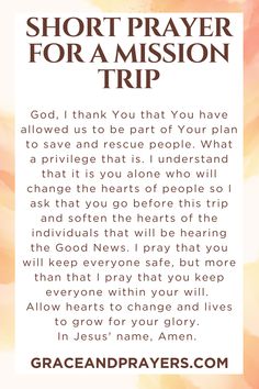 a prayer card with the words, short prayer for a mission trip