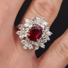 Certified No Heat Pigeon Blood Ruby Diamonds Flowers 18 Karat White Gold Ring