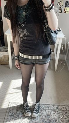 T Shirt And Tights Outfits, Goth And Grunge Outfits, 2005 Alternative Fashion, Outfits With Tights And Shorts, Fishnet Shrug Outfit, Alt Inspo Outfit, Tights Under Shorts Outfits Aesthetic, Shorts Over Tights 2000s, Emo Tights Outfit