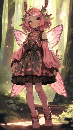 a girl with pink hair and wings standing in the middle of a forest wearing a dress