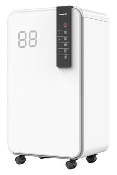 an air purifier sitting on wheels with the number 8 on it's side