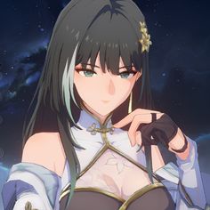 an anime character with long black hair and blue eyes, wearing a white outfit in front of the night sky