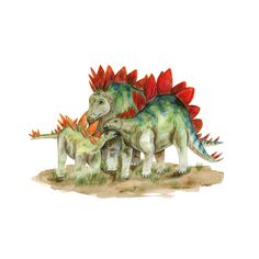 two dinosaurs are standing next to each other with red flowers on their heads and tails