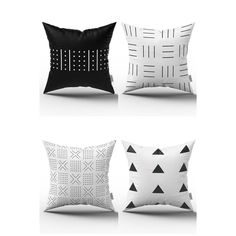 four black and white pillows with geometric designs on the front, back and side sides