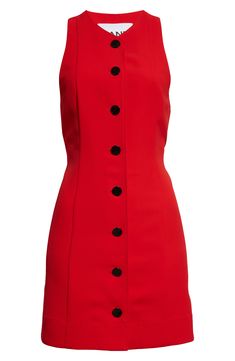 A row of neat buttons lightly calls to suiting style, but the rest of this crimson dress, from the leggy length to the cut-in back, serves weekend vibes. 35" length (size 42EU) Front button closure V-neck Sleeveless, with cutaway shoulders Unlined 50% recycled polyester, 50% polyester Machine wash, dry flat Imported This brand has B Corp certification, representing business practices with emphasis on social and environmental performance, accountability and transparency
 This brand meets Nordstro Classic Mini Dress For Summer Semi-formal, Classic Semi-formal Summer Mini Dress, Classic Semi-formal Mini Dress For Summer, Tailored Summer Mini Dress, Tailored Mini Length Summer Dresses, Summer Tailored Mini Length Dresses, Tailored Mini Dresses For Summer, Summer Tailored Mini Dress, Button Back Mini Dress For Workwear