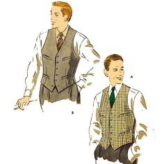 "A stylish rare men's vest waistcoat. A regular length, single-breasted vest, with four welt pockets. Make it with a plain back or with adjustable belt. Offered here as: Paper Pattern. This pattern is also available as a PDF Download HERE https://www.etsy.com/uk/shop/VintagePatternsSewBI?ref=seller-platform-mcnav&search_query=7477 Skill Level: Intermediate Size Guide: Chest: 38\" (96.5cm) Sewing Notions: Matching thread, Buttons Fabric Amount Guide: YARDAGE Chest: 38 (96.5cm) VIEW A FRONT AND NE Hair Canvas, Boys Waistcoat, 1950s Patterns, 1950s Sewing Patterns, Men's Vests, 1950s Mens, Mens Waistcoat, Gentleman's Wardrobe, Vest And Tie