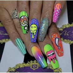 Rocker Nails Designs, Rave Nails Festivals, 2024 Manicure, Rocker Nails, 80s Nails, Rave Nails, Pop Art Nails, Crazy Nail Art, Nail Art Stripes