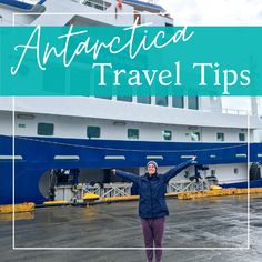 a woman standing in front of a cruise ship with her arms up and the words, an