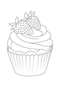 a cupcake with strawberries on top is shown in black and white coloring pages