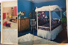 an open book with pictures of furniture and decor in it, including a canopy bed