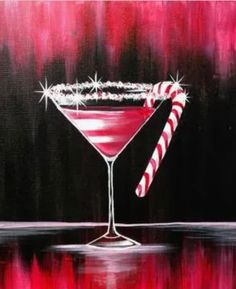 a painting of a martini with candy canes