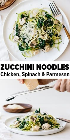 zucchini noodles with chicken, spinach and parmesan cheese on a white plate