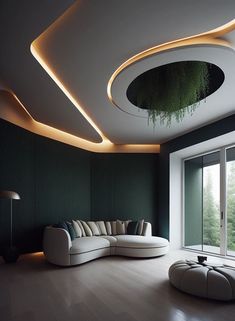 a modern living room with green walls and white furniture in the center, surrounded by greenery