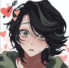 an anime character with green eyes and long black hair is staring at the camera while she's surrounded by hearts