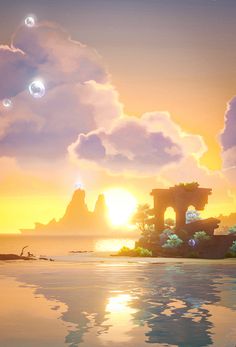 the sun is setting over an island with many bubbles floating in it's water