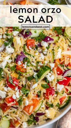 an easy lemon orzo salad with tomatoes, cucumbers and feta cheese