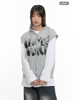 Product Detail Style : Street, Acubi Occasion : Back to school Type : Sweat Detail : Zip up, Hood Print : Graphic Material : Cotton Sleeve : Sleeveless Neck : Hood Fit : Loose fit Cotton100 Color : Black, Light gray, Gray, Dark gray Made in Korea Model Size Model is wearing size S/M and the color Black. Height : 5'5" | 166cm / Top : XS / Bottom : S (25 inch) .prddescription table, .prddescription td, .prddescription th { border : 1px solid black; border-collapse : collapse; padding: 10px; } Size Casual Vest With Graphic Print For Fall, Casual Graphic Print Vest For Fall, Casual Graphic Print Vest For Spring, Casual Spring Vest With Graphic Print, Trendy Hooded Vest For Spring, Trendy Hooded Spring Vest, Casual Letter Print Vest For Spring, Sleeveless Hoodie For Winter Streetwear, Casual Cotton Vest For Streetwear