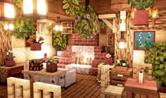 a living room filled with furniture and lots of plants on the wall next to a fire place