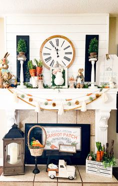 a mantel decorated with plants and decorations